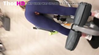 blonde teen with broken yoga pants exercising &