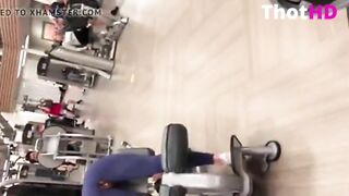 blonde teen with broken yoga pants exercising &