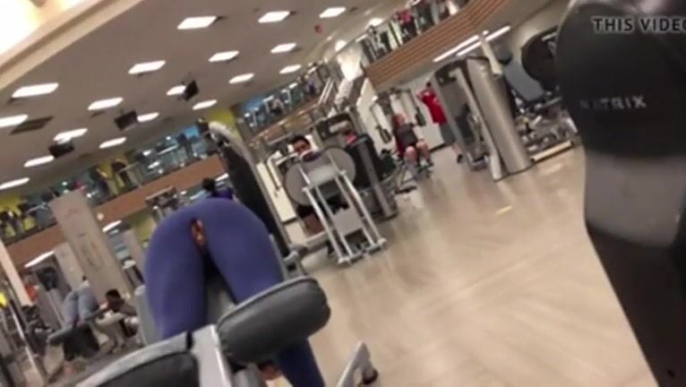 blonde teen with broken yoga pants exercising &