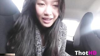 Petite Asian teen fuck herself in car