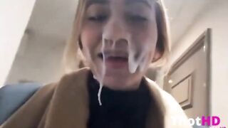 She Walks Down Hotel Hallway With Cum On Her Face