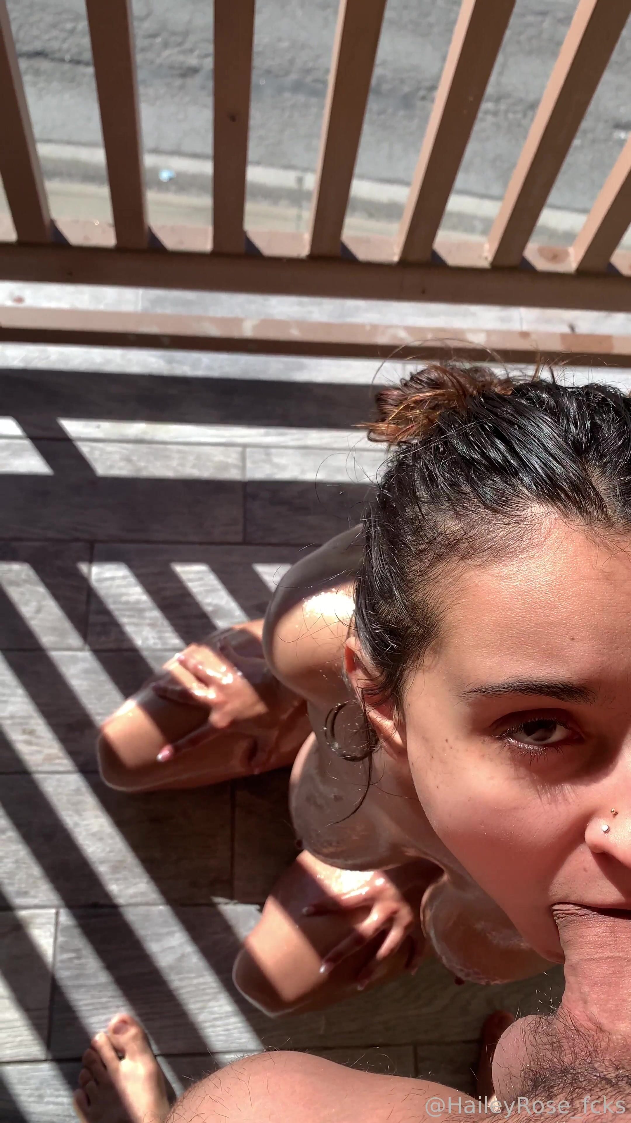 Hailey Rose Golden shower on the balcony in public