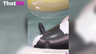 Asianbunnyx close-up rabbit ears Huge Dildo panties aside