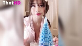 Asianbunnyx close-up rabbit ears Huge Dildo panties aside