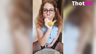 mirunafitgirl fingering through panties, moaning and sucking a banana, non-nude